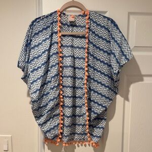 Swim Cover Up Blue Chevron Pom-Pom Open Cardigan